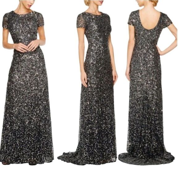 Adrianna Papell Gown Formal Holiday Sequined Fishtail Bustle Train Navy Silver 6 - Picture 17 of 17